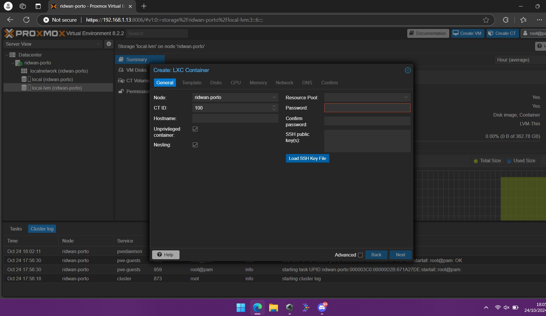 Interface pembuatan LXC container di Proxmox