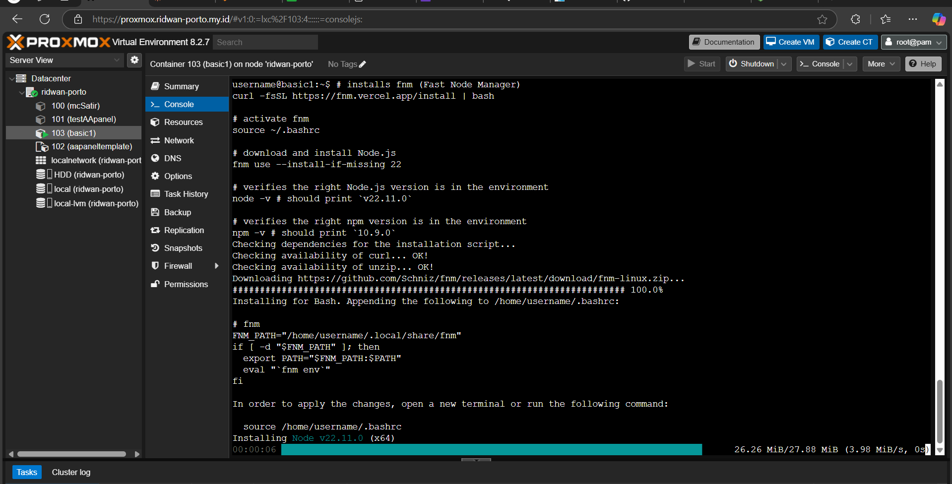 Dashboard Proxmox VE yang menampilkan overview sistem
