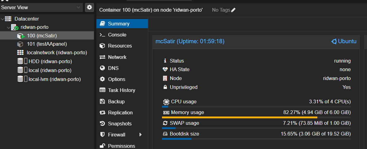 Dashboard monitoring Proxmox menampilkan resource usage